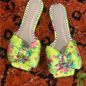 Betsy Johnson Bright Floral Bow Slide Sandals - Lime Green